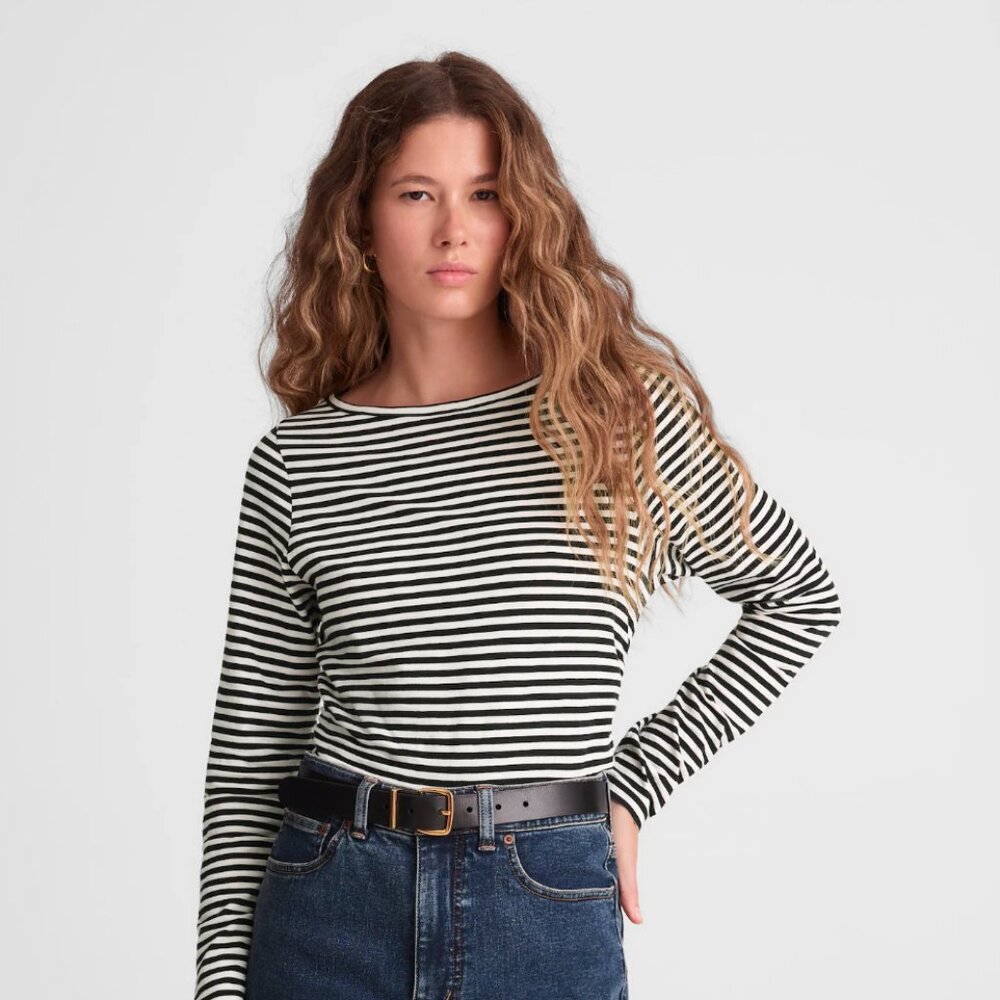 Ruched Crewneck Long-Sleeve Tee in Soft Slub